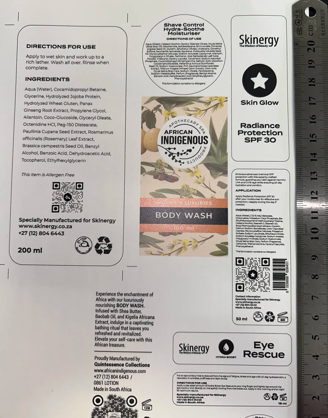 Skinergy indigenous range product labels