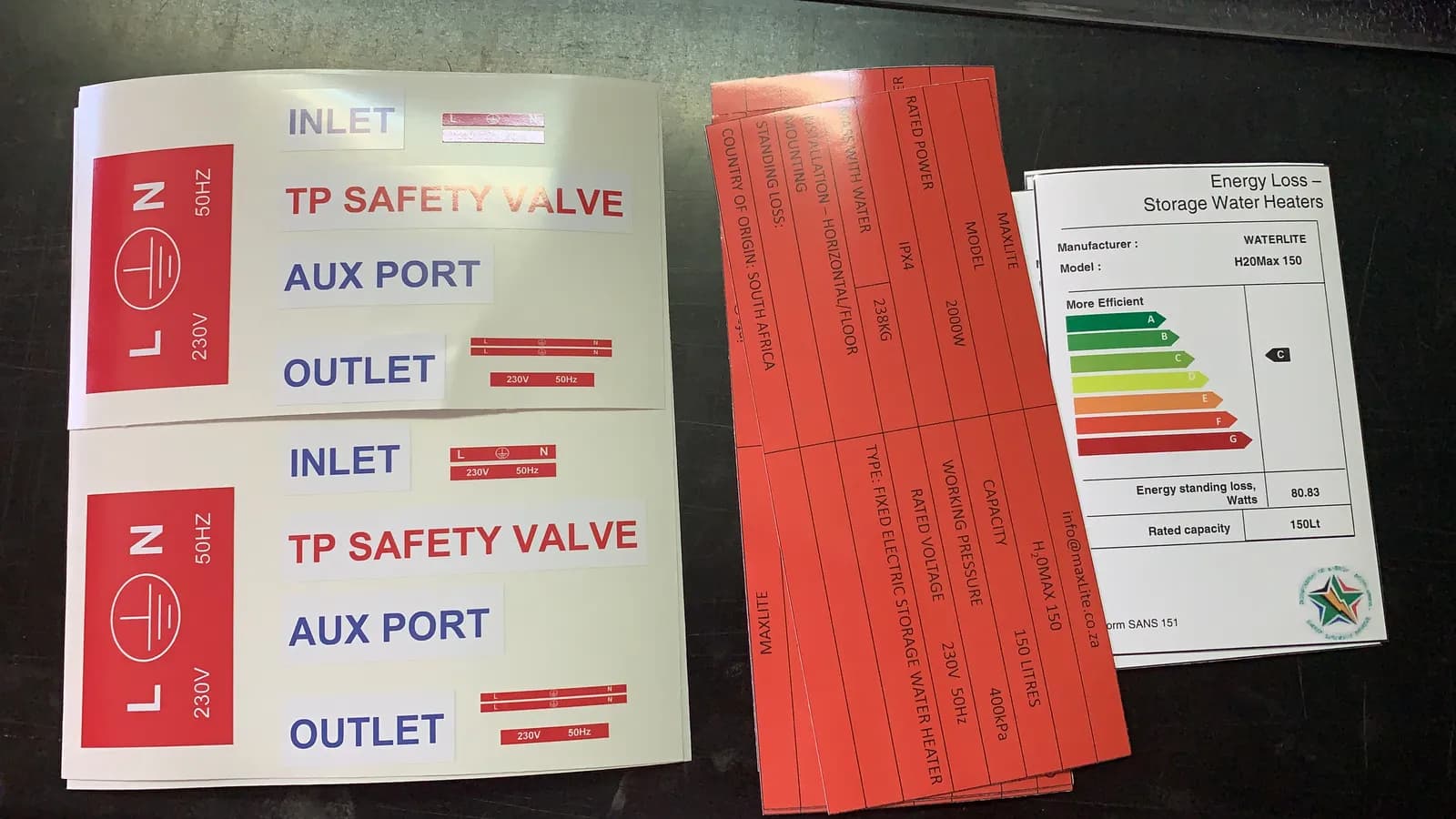 WaterLite technical specification labels